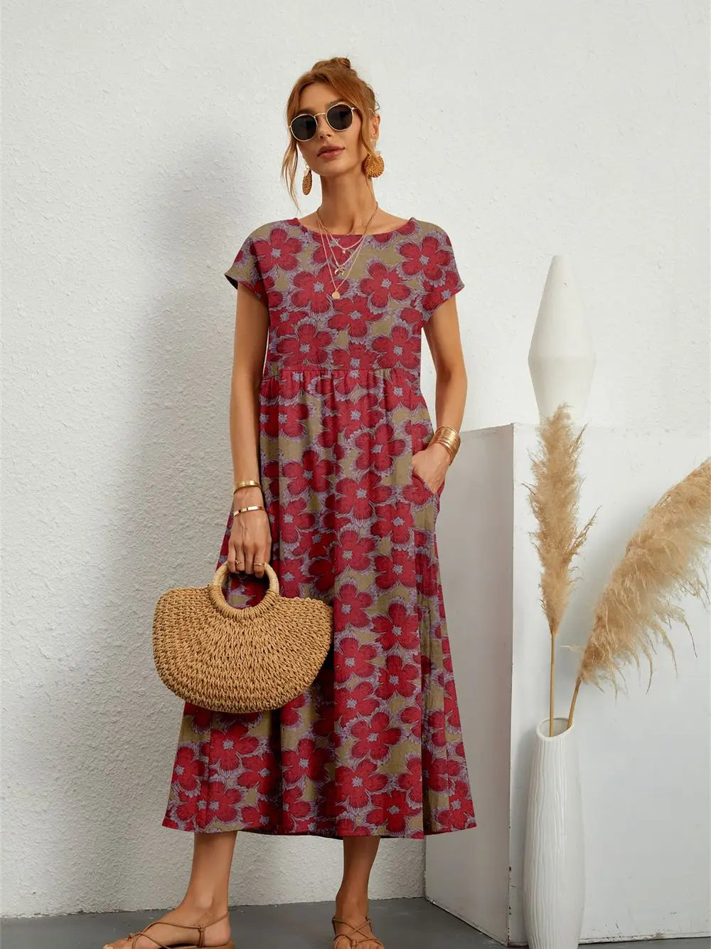Hannah™ - Stylish O-neck Printed Dress with Pockets