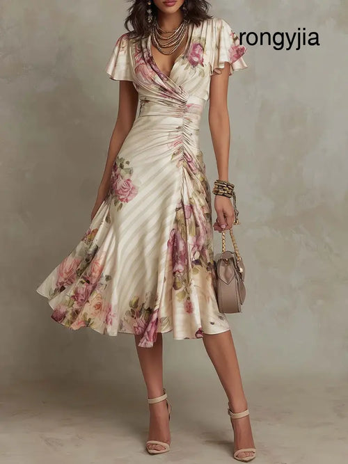 Alba | Elegant Midi Dress Draped with Flowers - S