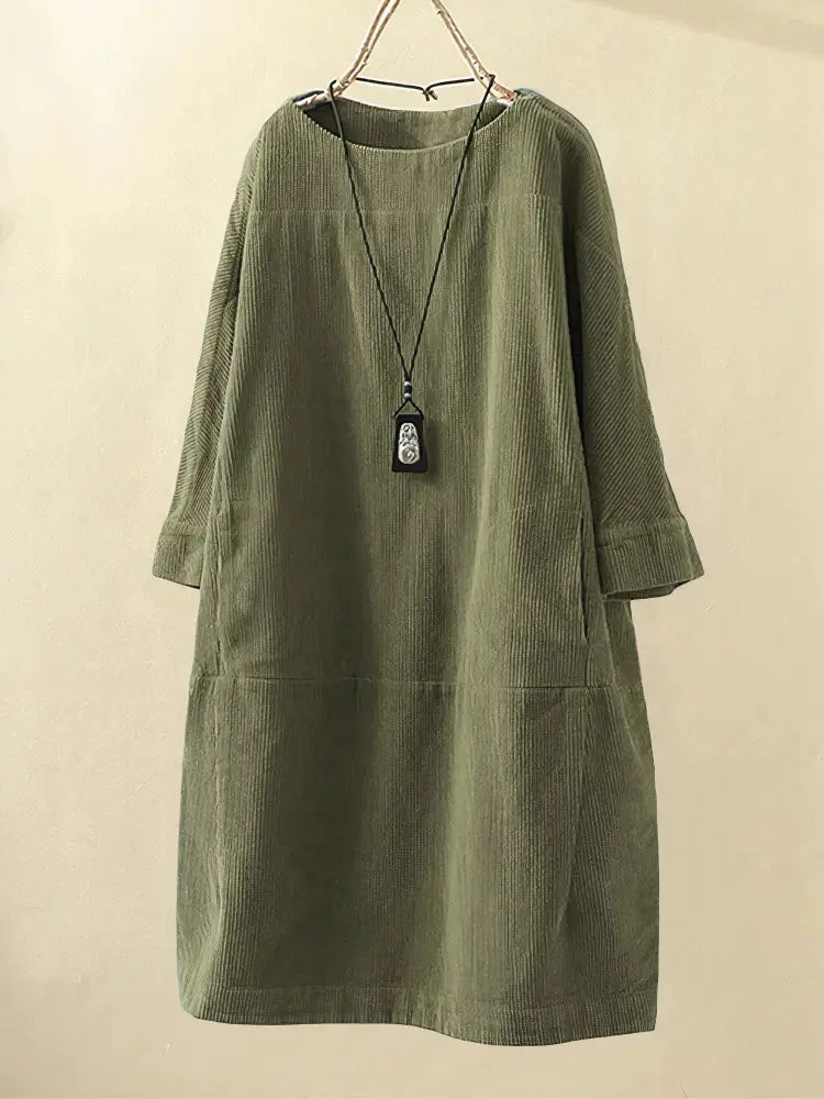 Alexis - Vintage Corduroy Relaxed Dress - Army Green / S - Relaxed Dress