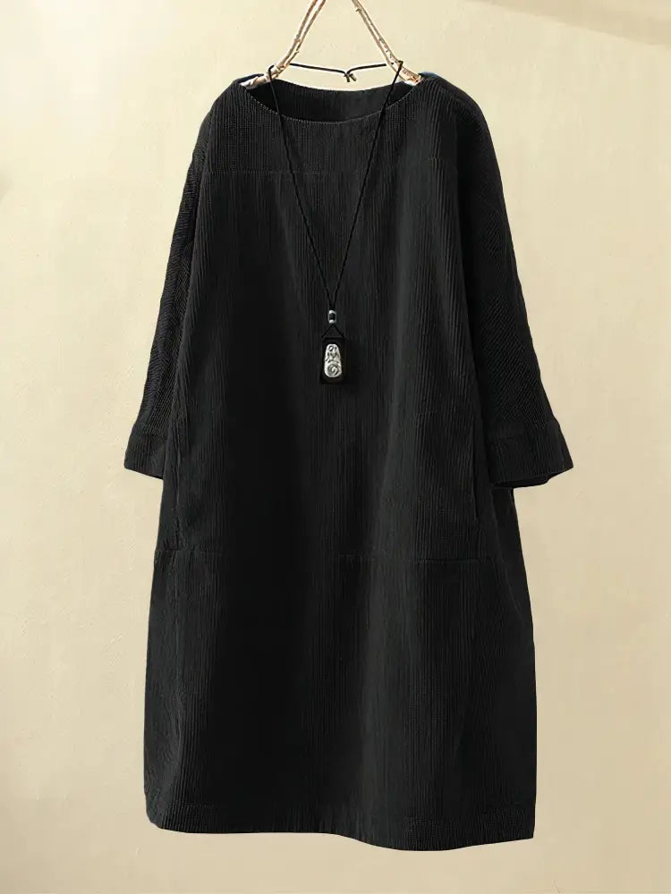 Alexis - Vintage Corduroy Relaxed Dress - Black / S - Relaxed Dress