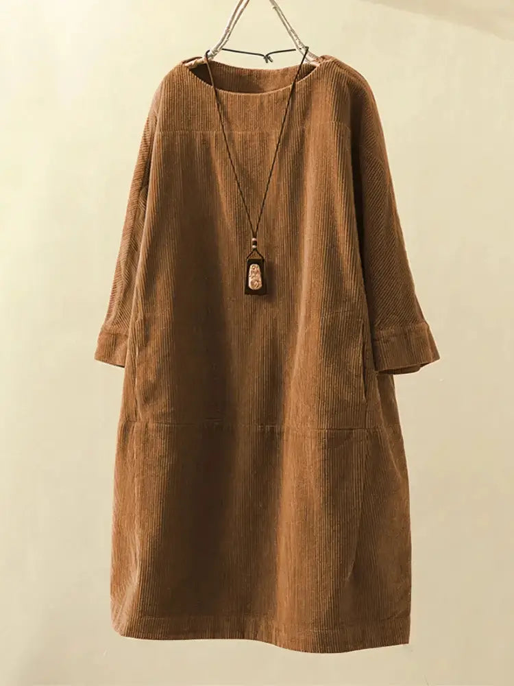Alexis - Vintage Corduroy Relaxed Dress - Brown / S - Relaxed Dress