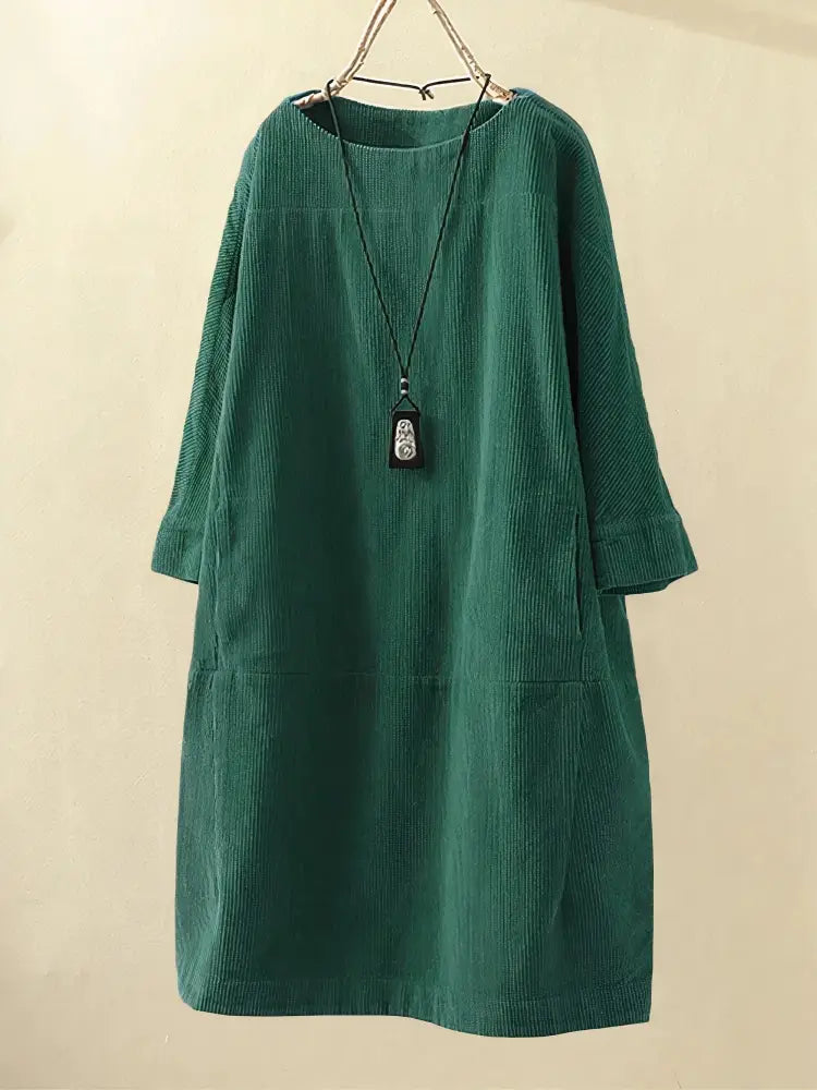 Alexis - Vintage Corduroy Relaxed Dress - Dark Green / S - Relaxed Dress
