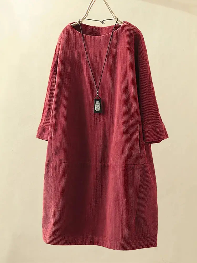 Alexis - Vintage Corduroy Relaxed Dress - Red / S - Relaxed Dress