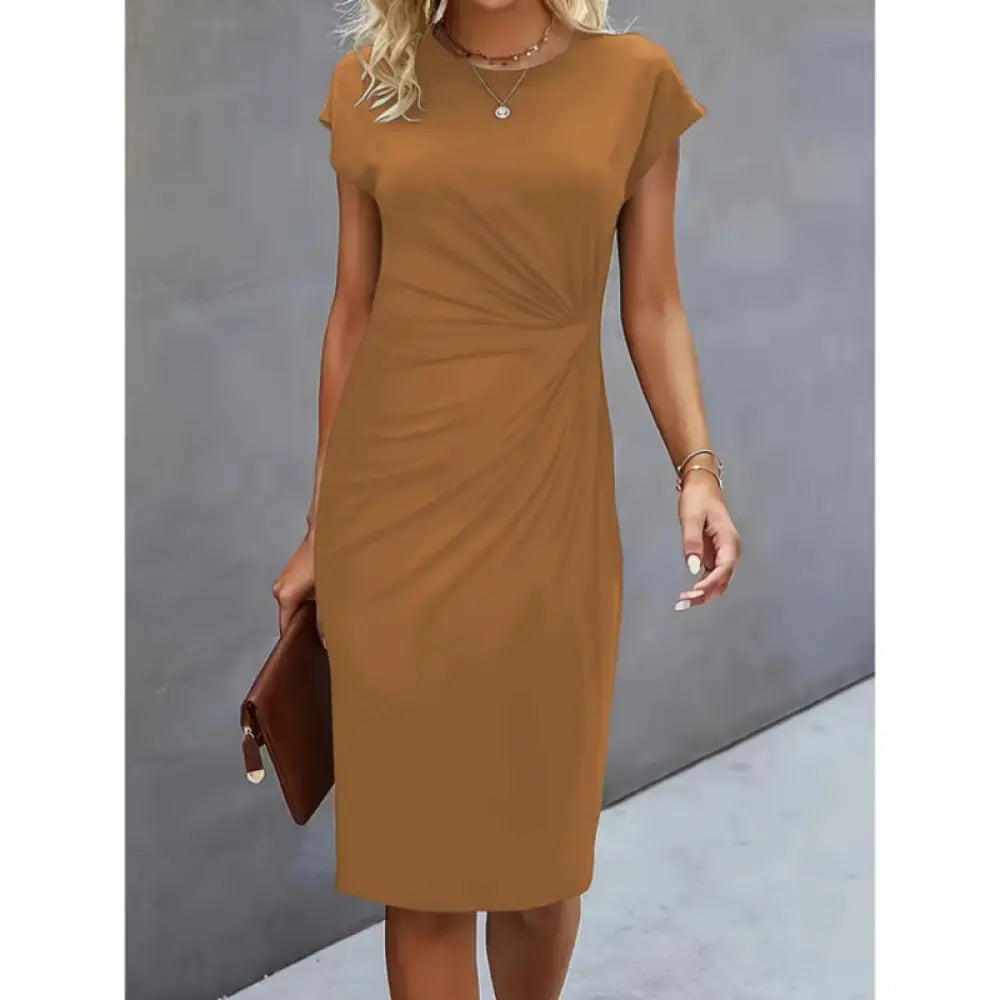 Anouk - Short sleeve formal midi dress for women - Khaki / XS - Women Dress