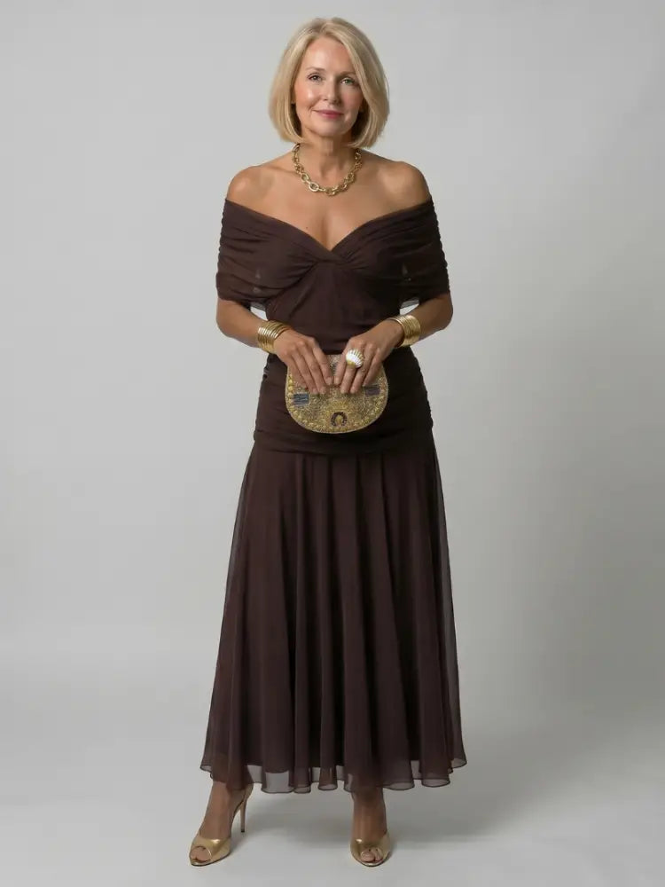 Calen | Off Shoulder Flow Midi Dress - Brown / S
