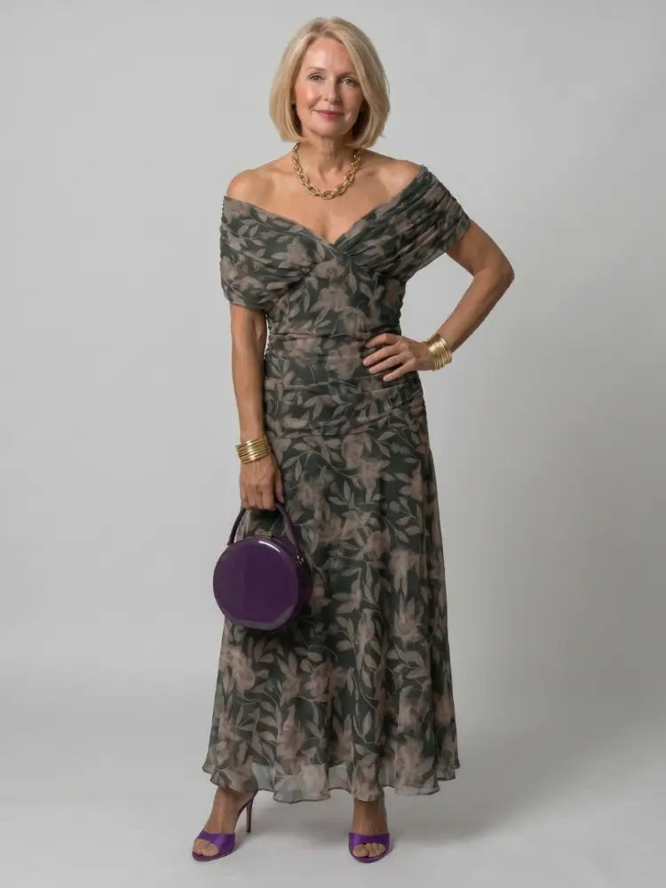 Calen | Off Shoulder Flow Midi Dress - Multicolor / S