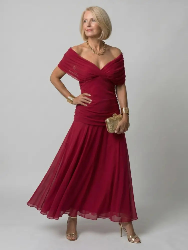 Calen | Off Shoulder Flow Midi Dress - Red / S