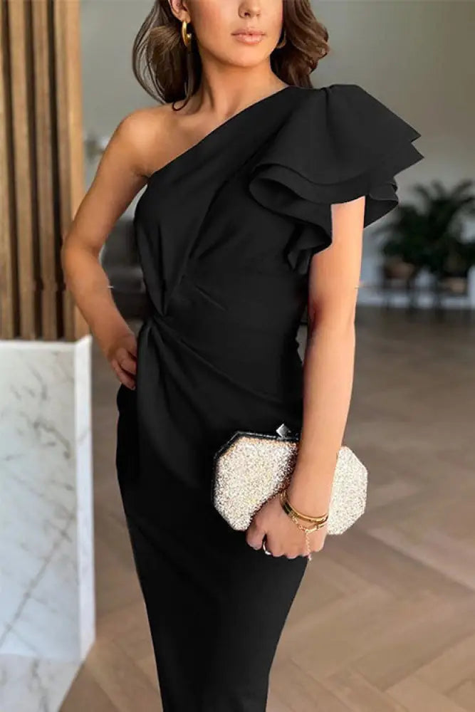 Caz - Off-shoulder Ruffle Sleeve Slit Midi Dress - Midi Dress
