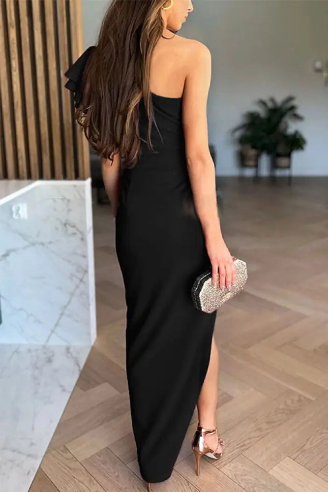 Caz - Off-shoulder Ruffle Sleeve Slit Midi Dress - Midi Dress