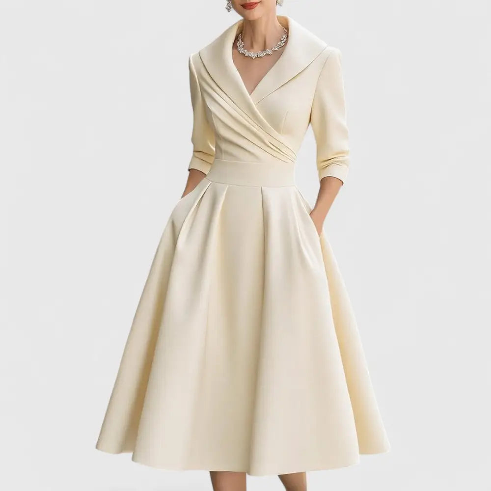 CHARLOTTE – ELEGANT V-NECK A-LINE MID-LENGTH DRESS - Beige / XS - MIDI DRESS
