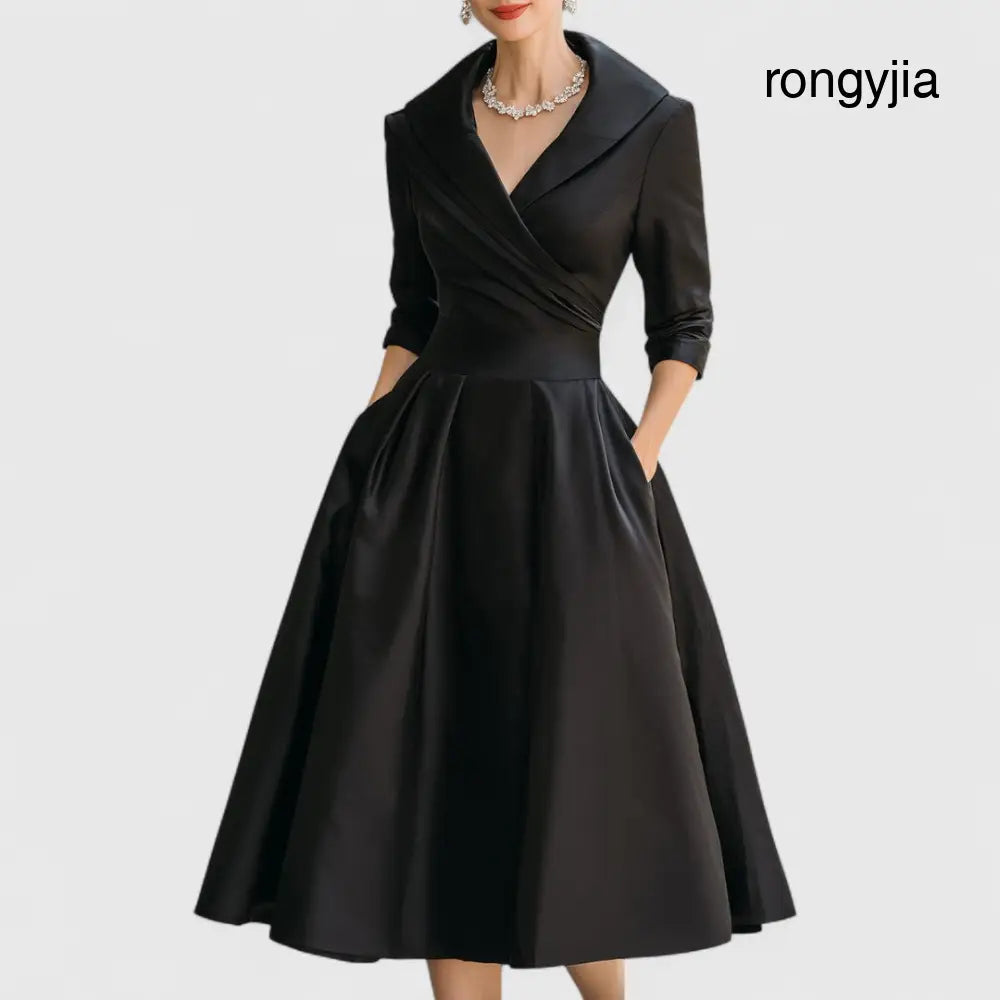 CHARLOTTE – ELEGANT V-NECK A-LINE MID-LENGTH DRESS - Black / XS - MIDI DRESS