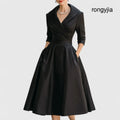 CHARLOTTE – ELEGANT V-NECK A-LINE MID-LENGTH DRESS - Black / XS - MIDI DRESS