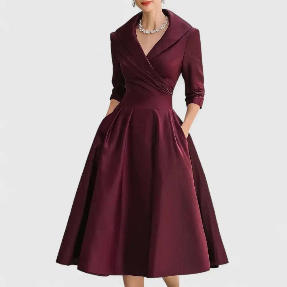 CHARLOTTE – ELEGANT V-NECK A-LINE MID-LENGTH DRESS - Burgundy / XS - MIDI DRESS