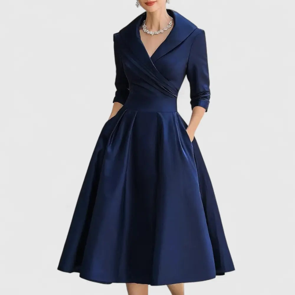 CHARLOTTE – ELEGANT V-NECK A-LINE MID-LENGTH DRESS - Navy Blue / XS - MIDI DRESS