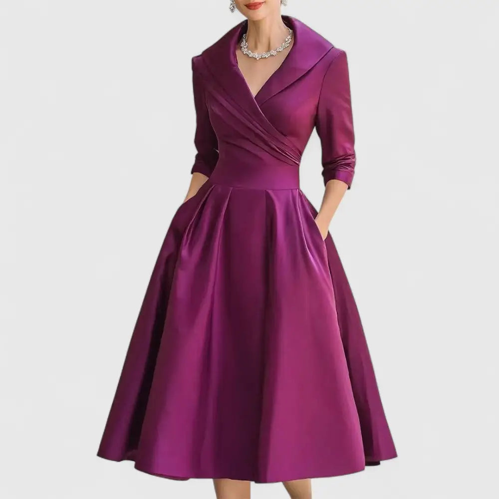 CHARLOTTE – ELEGANT V-NECK A-LINE MID-LENGTH DRESS - Purple / XS - MIDI DRESS