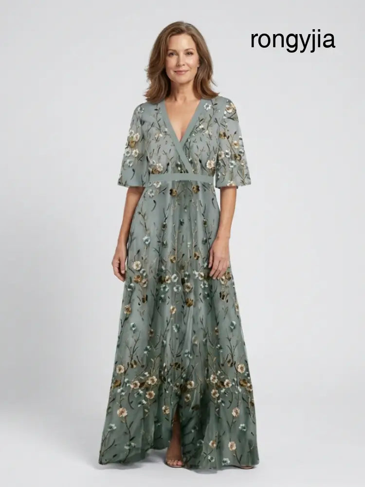 Evadne | Embroidered V Neck Maxi Dress - Green / S