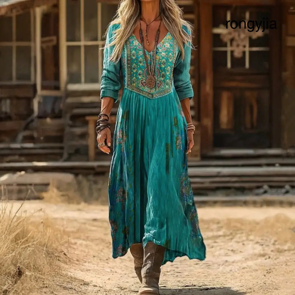 Evelyn | Vintage-Inspired Long Sleeve Casual Dress - Green / S - Robes