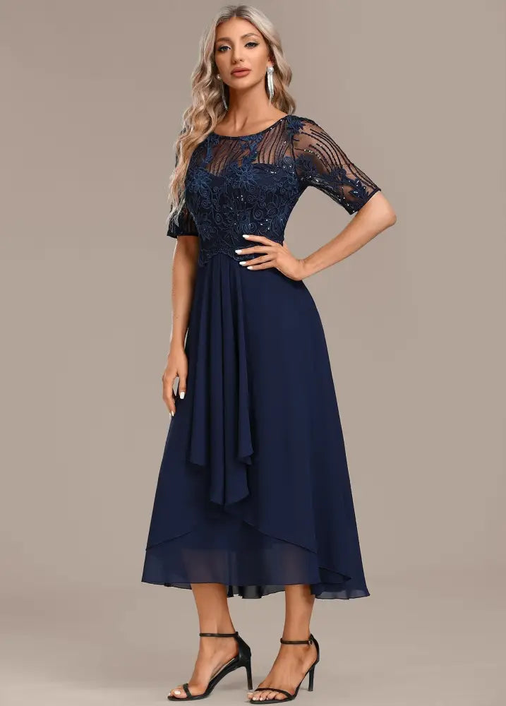 Hazel Navy Lace Short Sleeve Round Neck Dress - round neck dress