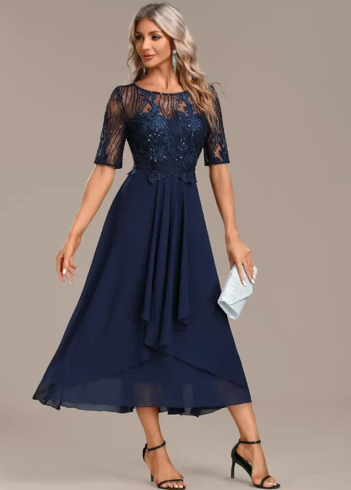 Hazel Navy Lace Short Sleeve Round Neck Dress - round neck dress
