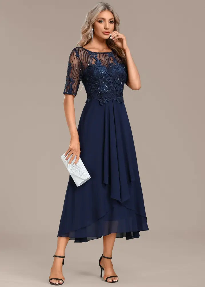 Hazel Navy Lace Short Sleeve Round Neck Dress - round neck dress