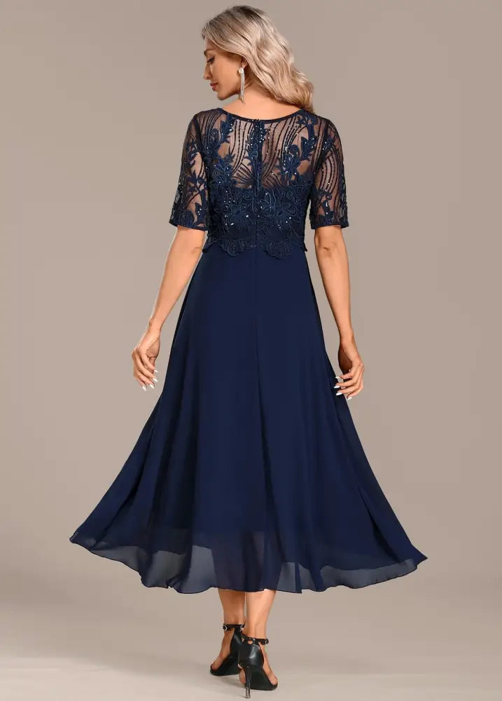 Hazel Navy Lace Short Sleeve Round Neck Dress - round neck dress