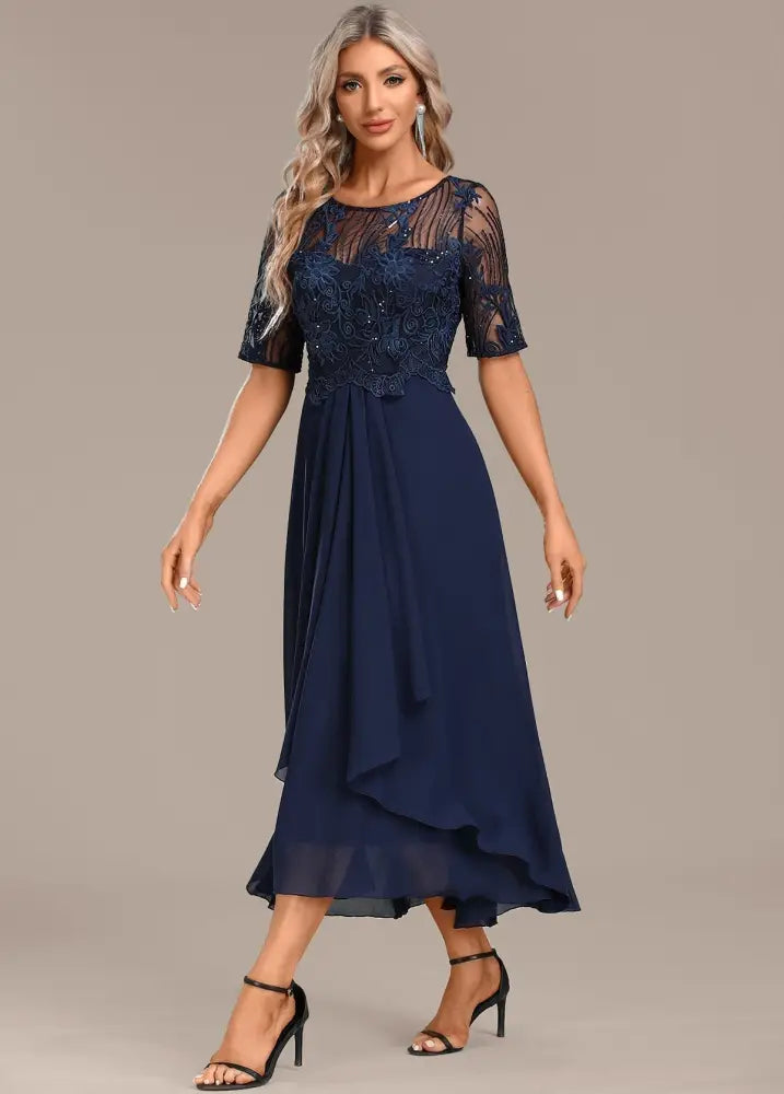 Hazel Navy Lace Short Sleeve Round Neck Dress - round neck dress