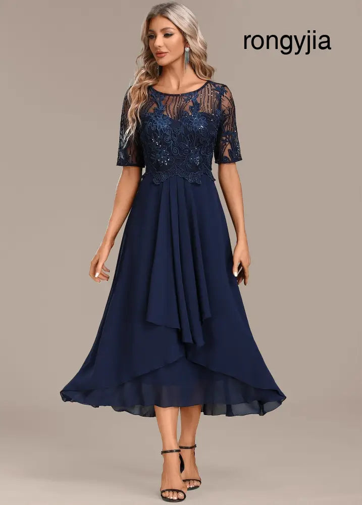 Hazel Navy Lace Short Sleeve Round Neck Dress - Navy / S - round neck dress