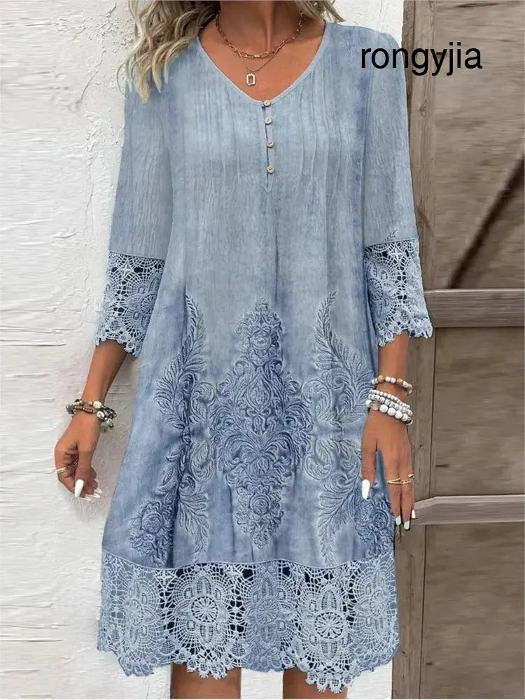 Lisa | V-neck Dress with Lace - Blue / S - V-Neck Dress