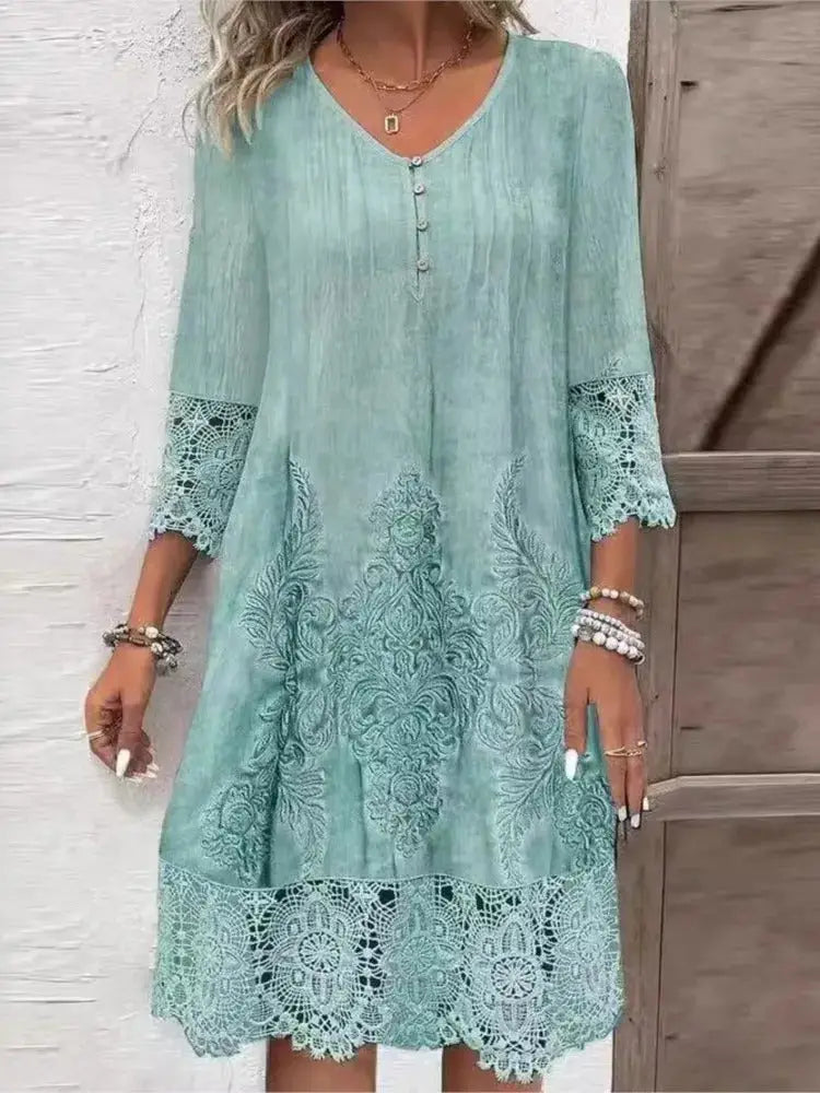 Lisa | V-neck Dress with Lace - Green / S - V-Neck Dress