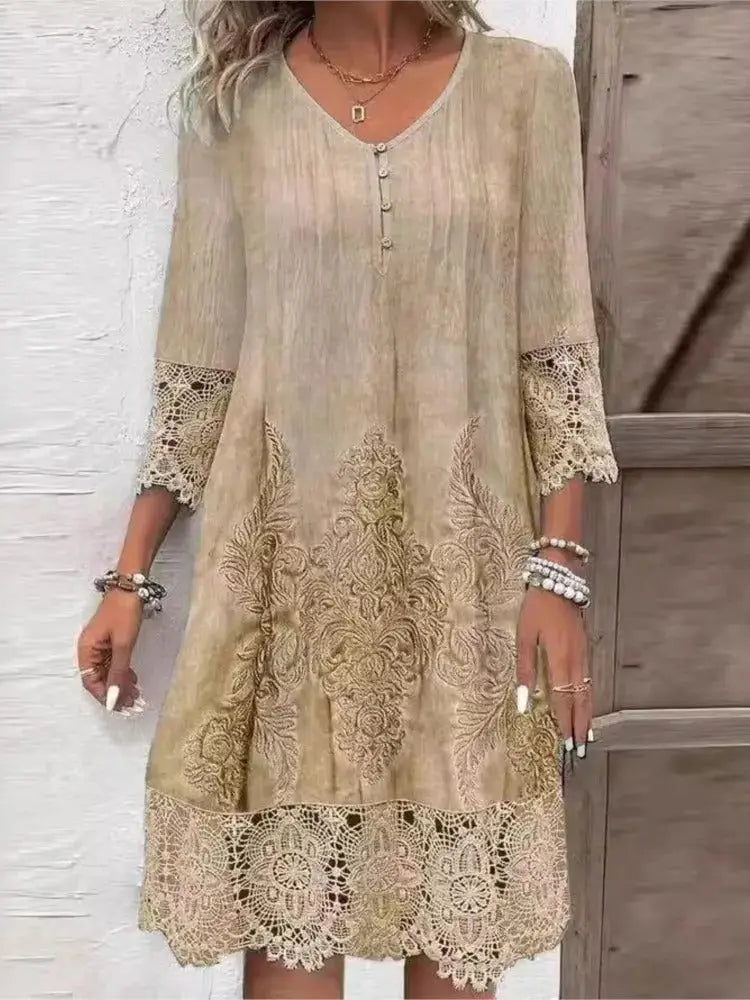 Lisa | V-neck Dress with Lace - Khaki / S - V-Neck Dress