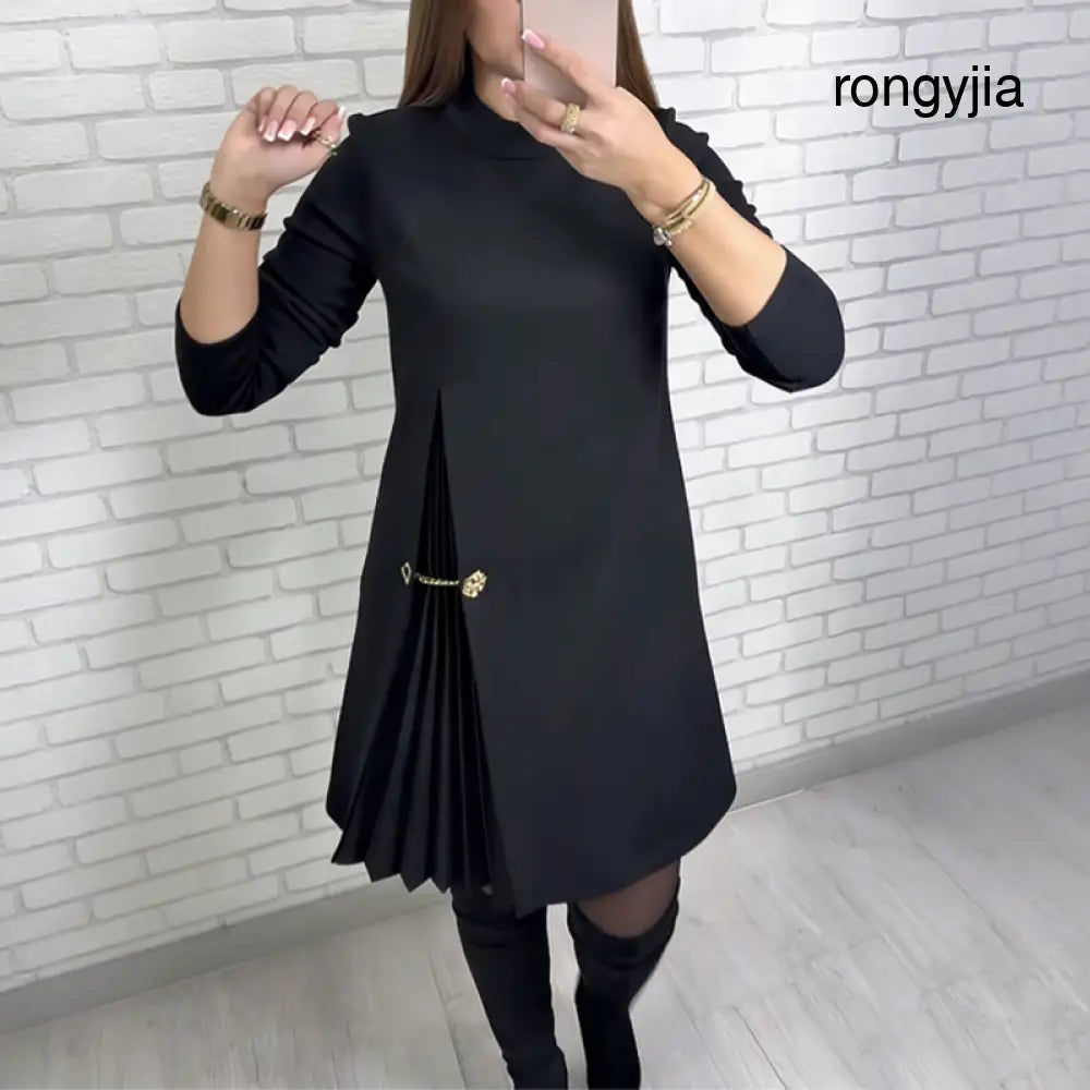 MADELINE – ELEGANT MINI DRESS WITH PLEATED ACCENTS - Black / S - Kleid
