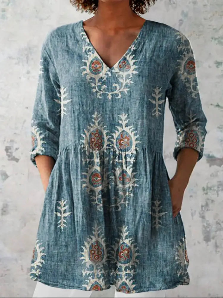Maeve | V-Neck Long Sleeve Shirt - Blue / S