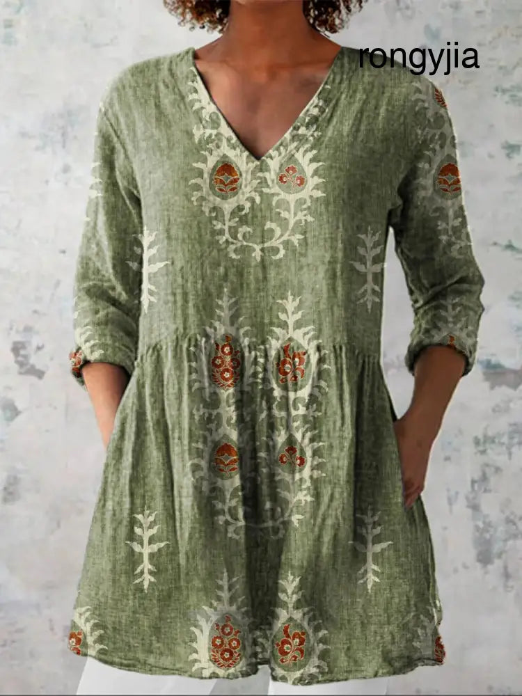 Maeve | V-Neck Long Sleeve Shirt - Green / S