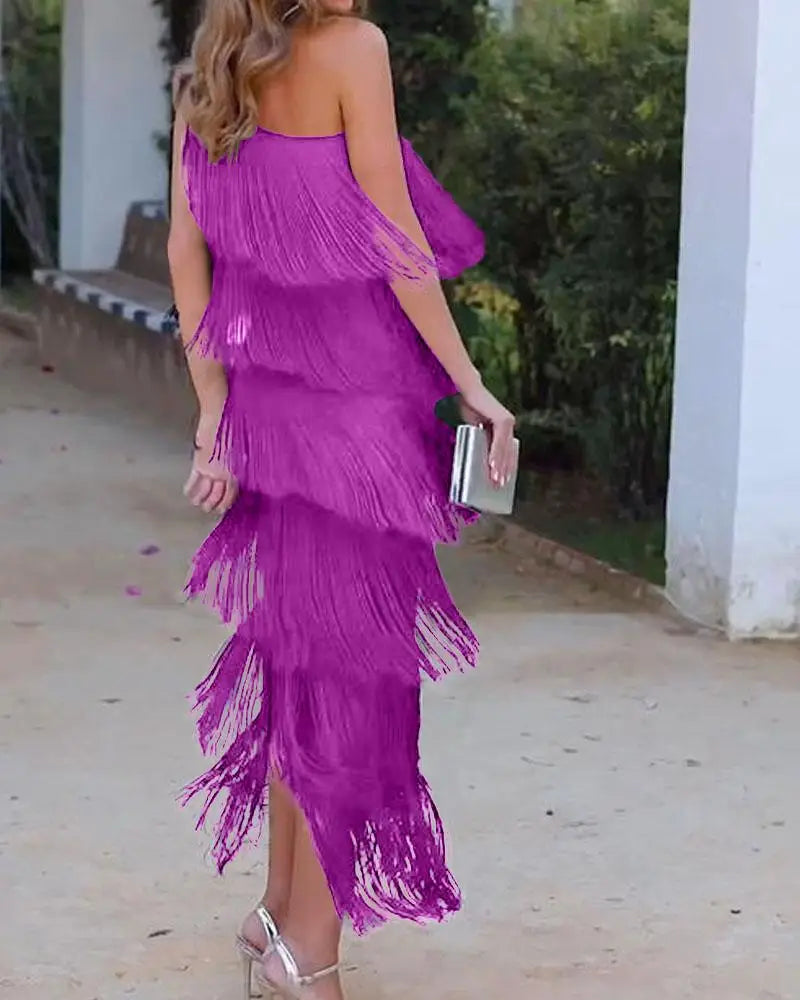 Maya-Off Shoulder elegant fringe dress - ELEGANT DRESS