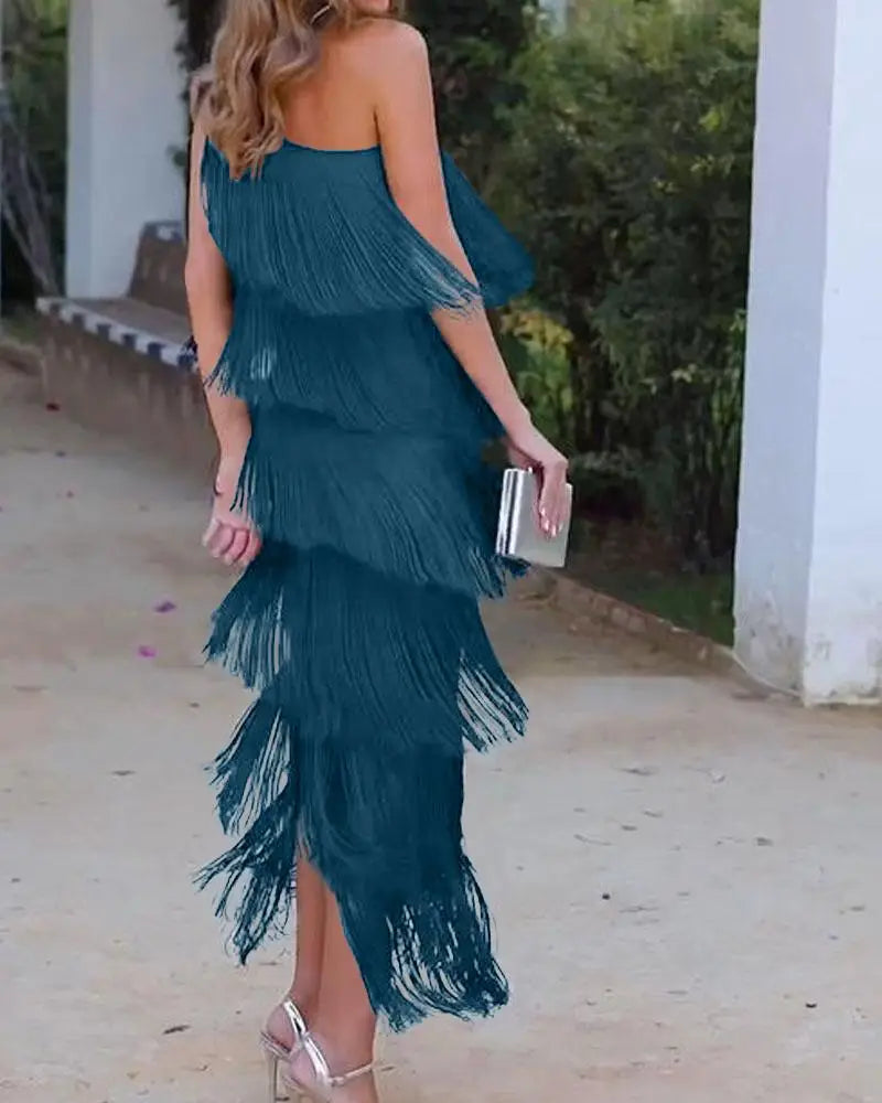 Maya-Off Shoulder elegant fringe dress - ELEGANT DRESS