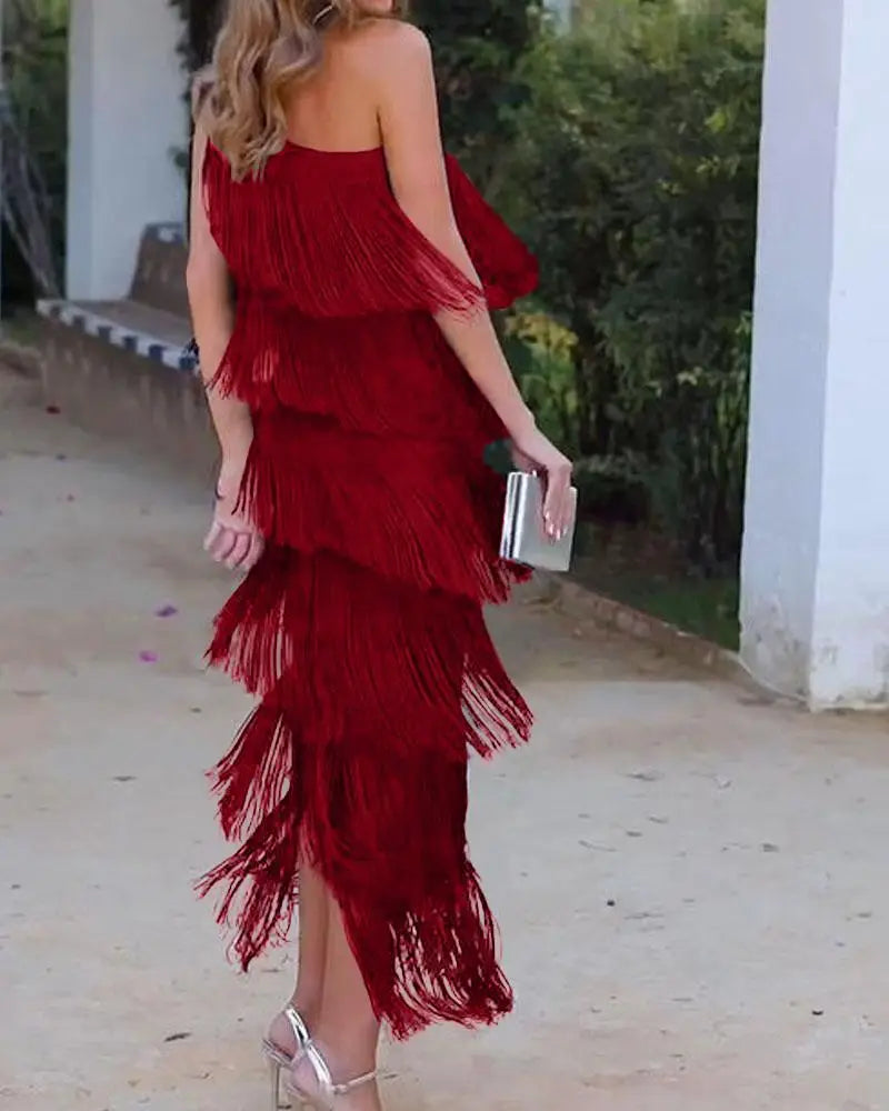 Maya-Off Shoulder elegant fringe dress - ELEGANT DRESS