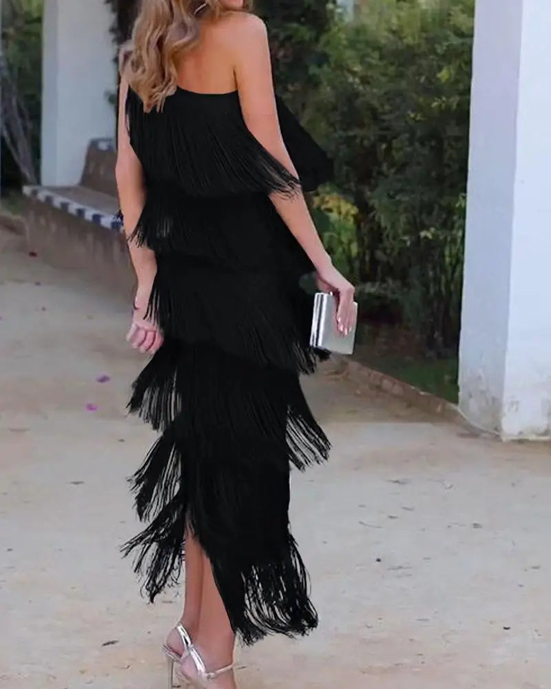 Maya-Off Shoulder elegant fringe dress - ELEGANT DRESS