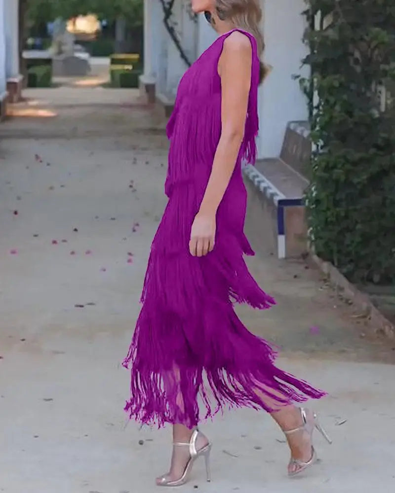 Maya-Off Shoulder elegant fringe dress - ELEGANT DRESS