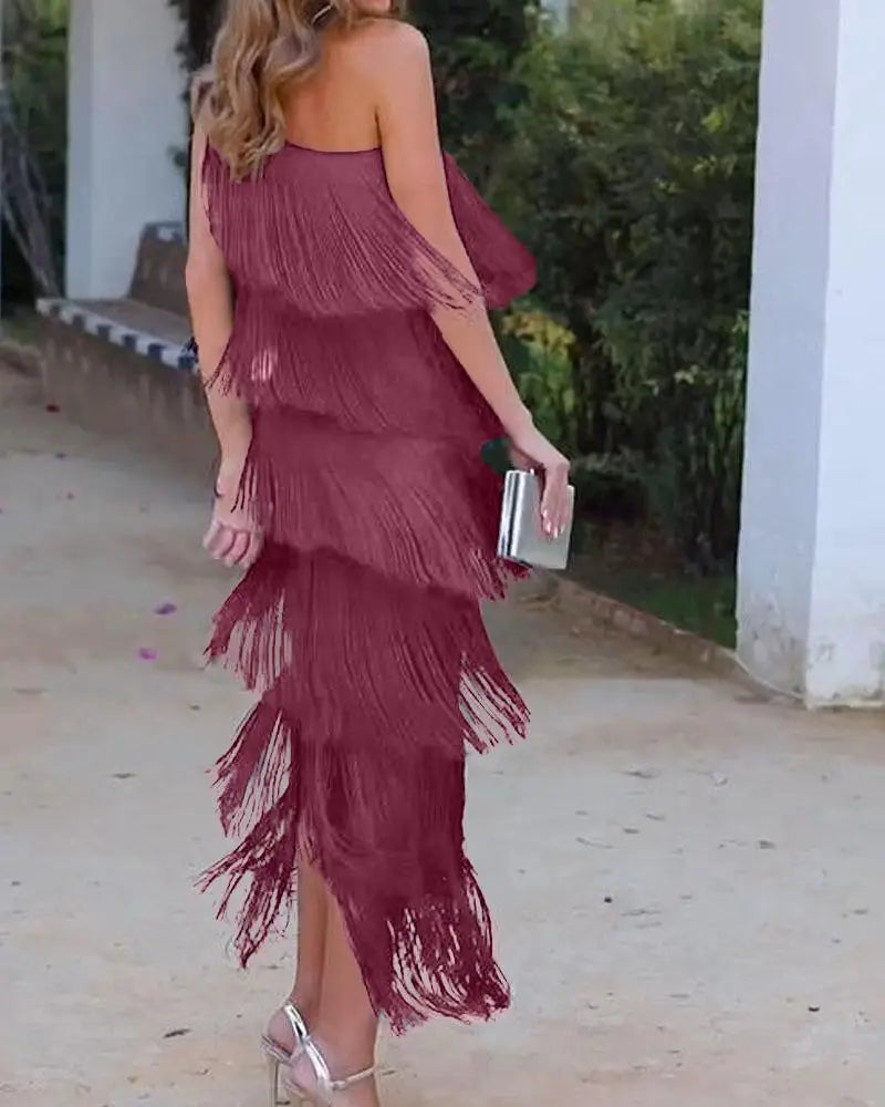 Maya-Off Shoulder elegant fringe dress - ELEGANT DRESS