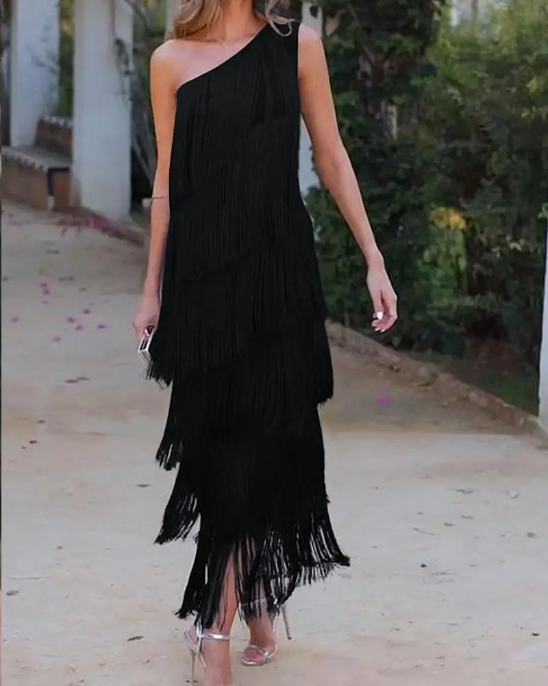 Maya-Off Shoulder elegant fringe dress - Black / 8 (S) - ELEGANT DRESS