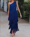 Maya-Off Shoulder elegant fringe dress - Blue / 8 (S) - ELEGANT DRESS