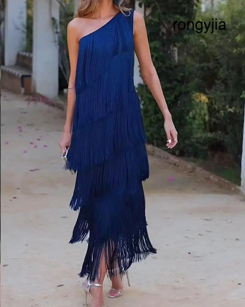 Maya-Off Shoulder elegant fringe dress - Blue / 8 (S) - ELEGANT DRESS