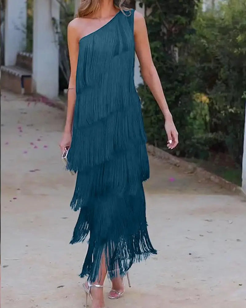 Maya-Off Shoulder elegant fringe dress - Lake Blue / 8 (S) - ELEGANT DRESS