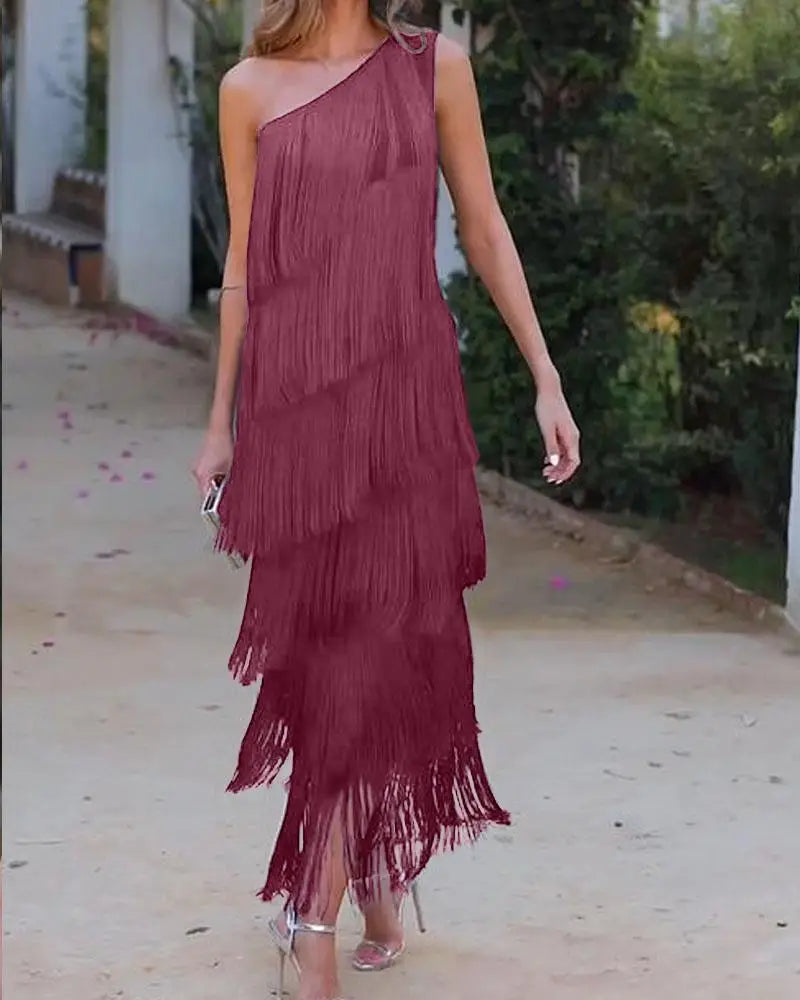 Maya-Off Shoulder elegant fringe dress - Raspberry Red / 8 (S) - ELEGANT DRESS