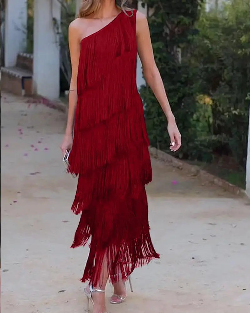 Maya-Off Shoulder elegant fringe dress - Red / 8 (S) - ELEGANT DRESS