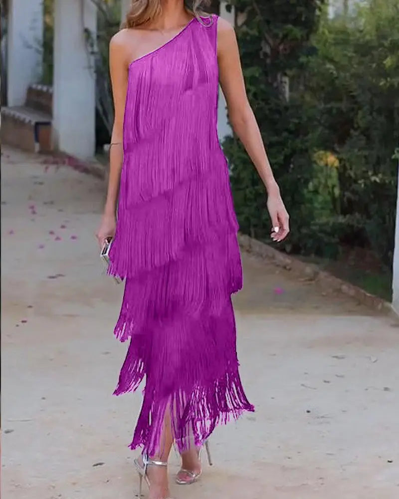 Maya-Off Shoulder elegant fringe dress - Rose Red / 8 (S) - ELEGANT DRESS
