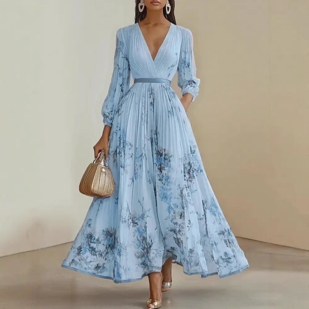 Roma-Elegant Pleated Maxi Dress - Blue / S - Maxi Dress
