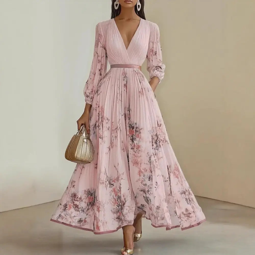 Roma-Elegant Pleated Maxi Dress - Pink / S - Maxi Dress