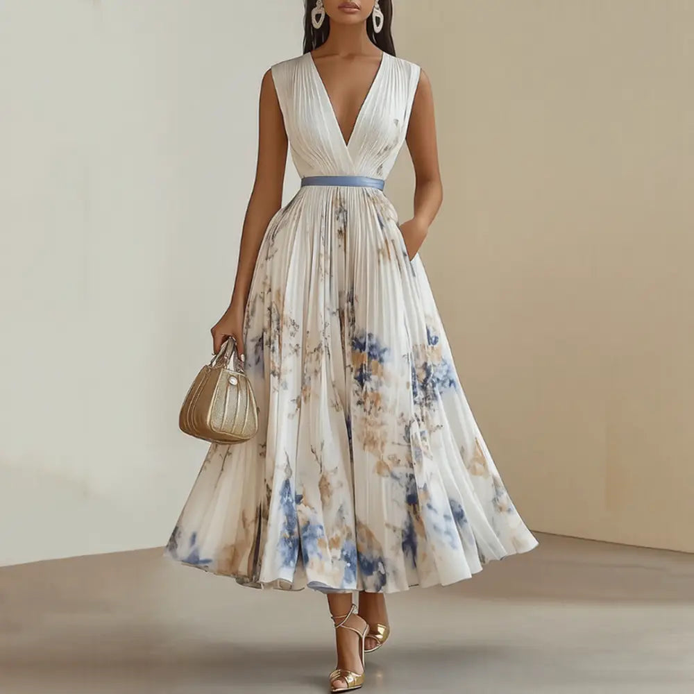 Roma-Elegant Pleated Maxi Dress - White / S - Maxi Dress