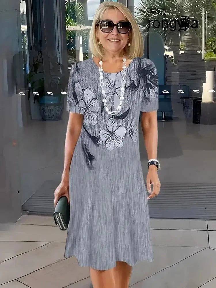 Rosara - Comfortable Loose Printed Medium Dress - Grey Flowers / S - Midi Dress
